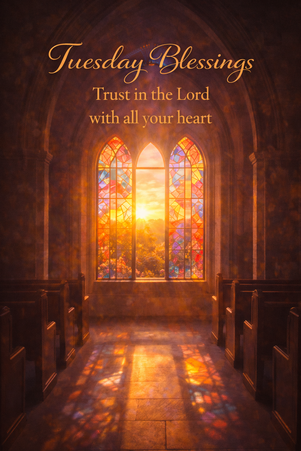Church interior with beautiful stained glass window casting colorful light patterns across wooden pews, golden sunlight streaming through the glass, text "Tuesday Blessings -- Trust in the Lord with all your heart" -- vertical wallpaper